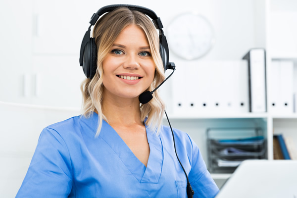 Medical Care Support Woman with Telephone Headset